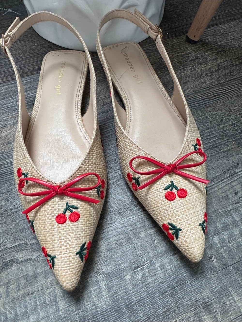 Madden Girl Natural Woven Slingback Flats with Red Cherry Embroidery